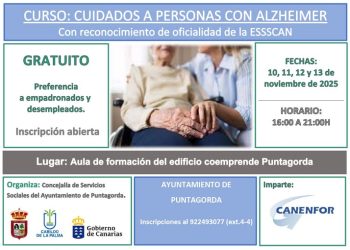 Puntagorda ofrece formación gratuita en noviembre sobre cuidados a personas con Alzheimer y movilización de pacientes