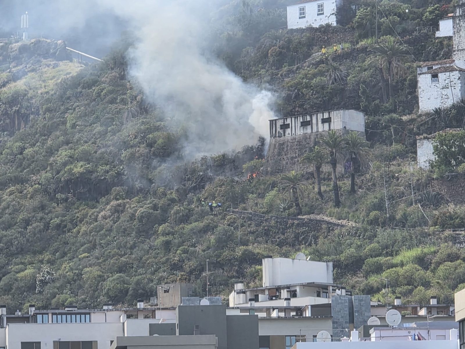 Bomberos en la cresta del barranco junto al humo del incendio
