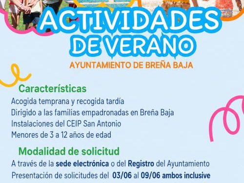 Breña Baja abre las inscripciones de las Actividades de Verano 2026: hasta el 9 de junio para niños de 3 a 12 años