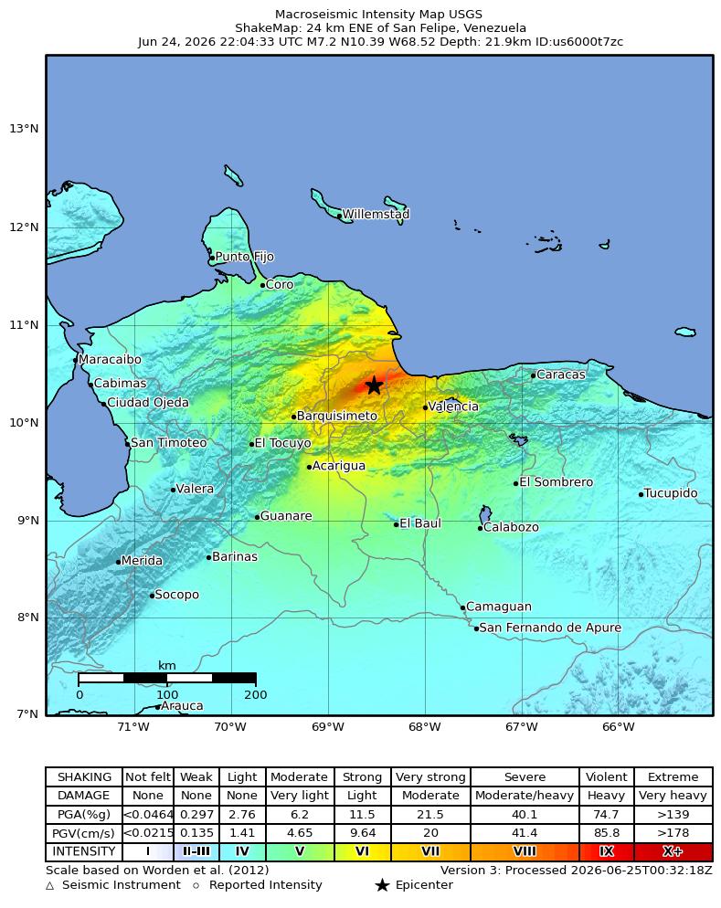 ShakeMap del USGS del terremoto de Venezuela del 24 de junio de 2026