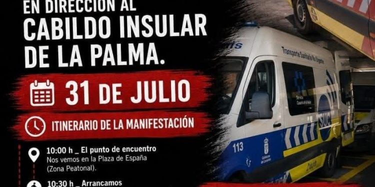 Cartel de CCOO convocando la segunda manifestación del transporte sanitario hacia el Cabildo Insular de La Palma